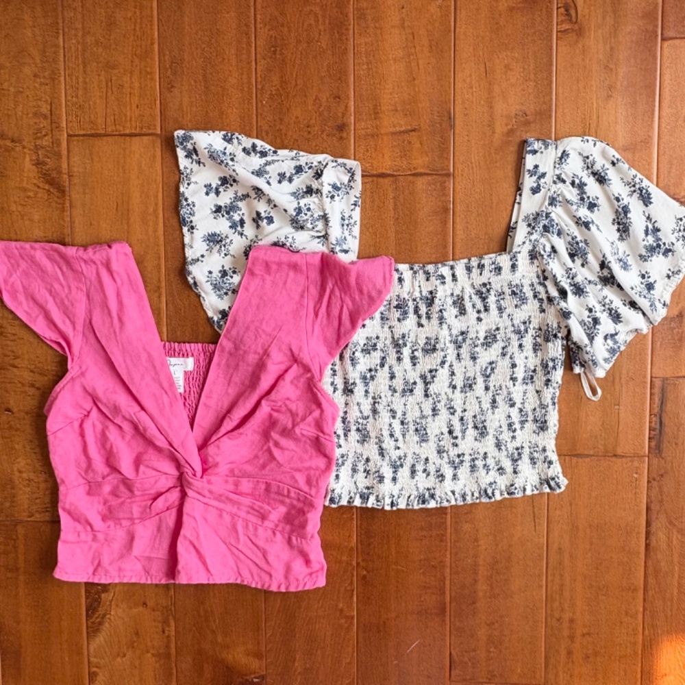 JAPNA Smocked Cropped Tops Pink &‎ Blue L